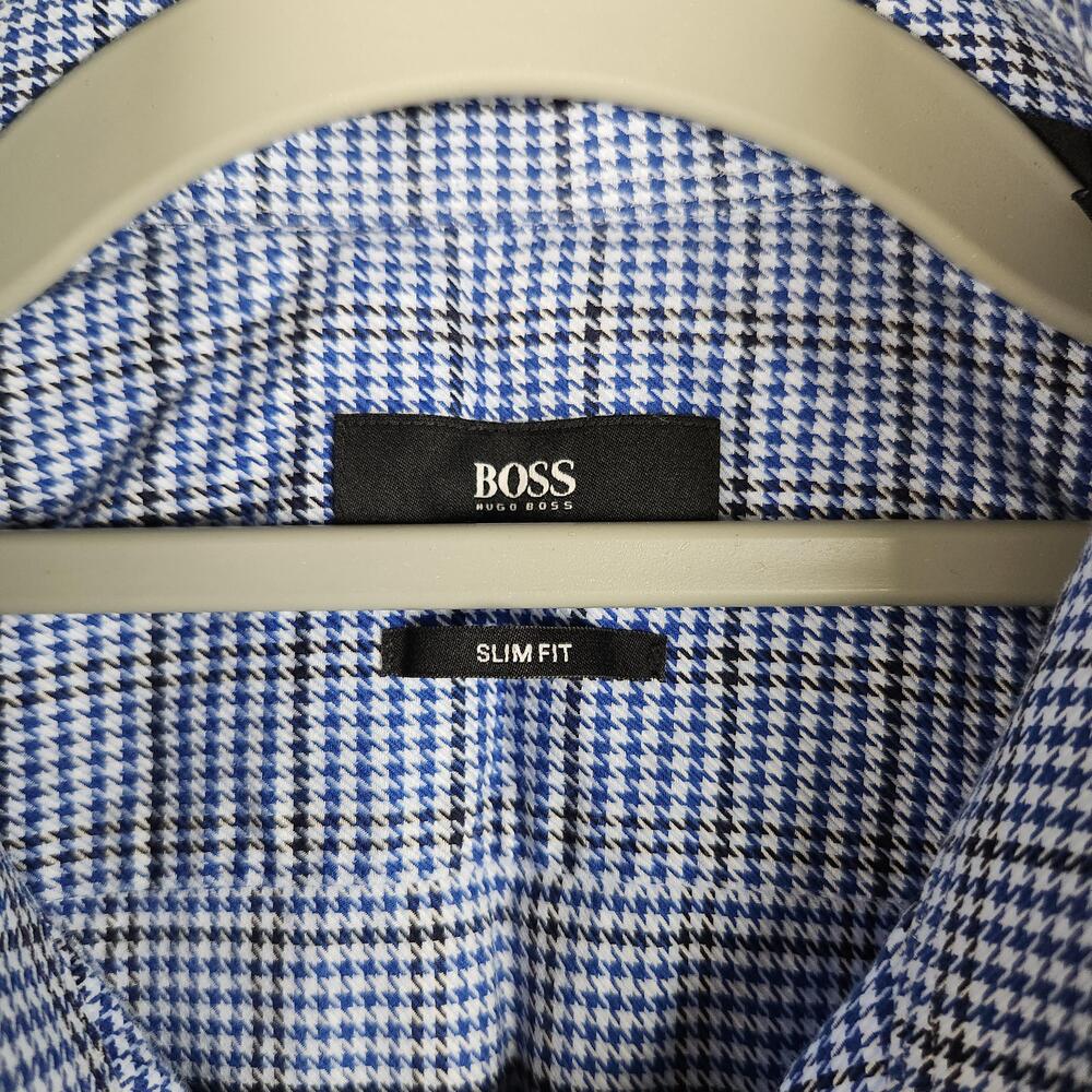 BOSS Hugo Boss Dress Shirt Mens 15 32/33 Blue Houndstooth Slim Fit Business